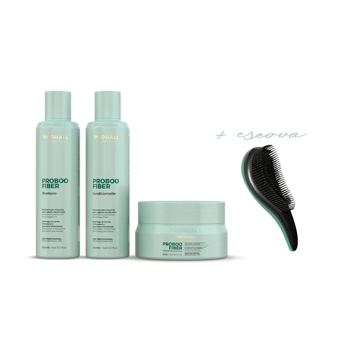 KIT PROBOO FIBER PROHALL SHAMPOO+COND+MáSCARA 300ML + ESCOVA