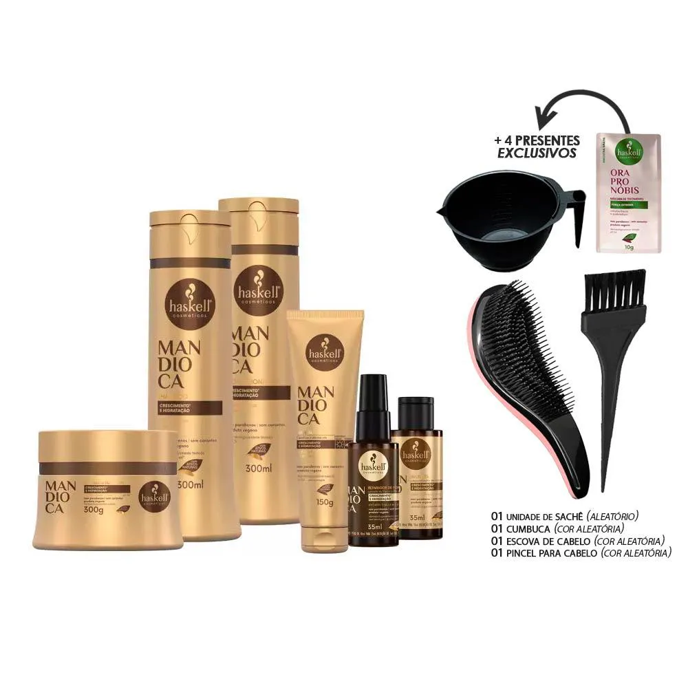 KIT HASKELL MANDIOCA 6 PRODUTOS 300ML (+ESCOVA/CUMBUCA/SACHê)