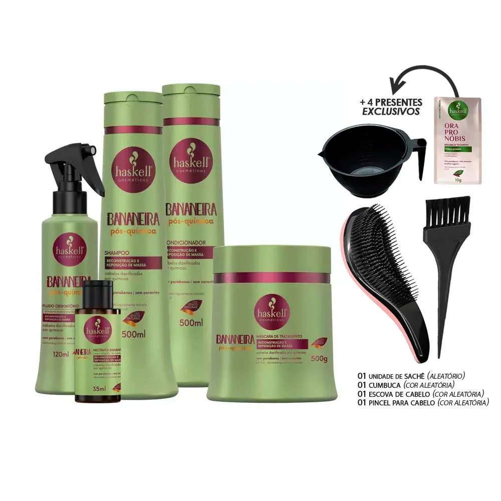 KIT HASKELL BANANEIRA COMPLETO 500ML 5 ITENS (+CUMBUCA/PINCEL/ESCOVA/SACHê)