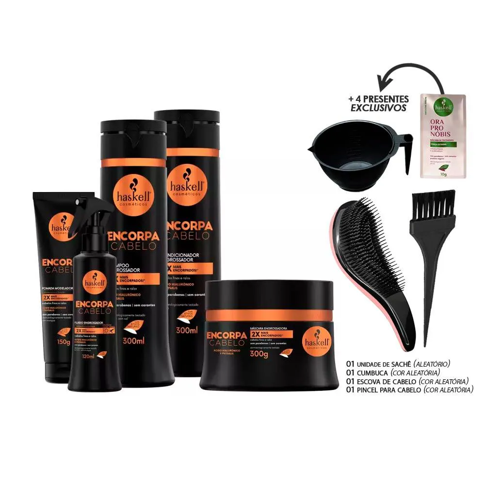 KIT HASKELL ENCORPA FIO COMPLETO 300ML 5 PRODUTOS (+ESCOVA/CUMBUCA/PINCEL/SACHê)