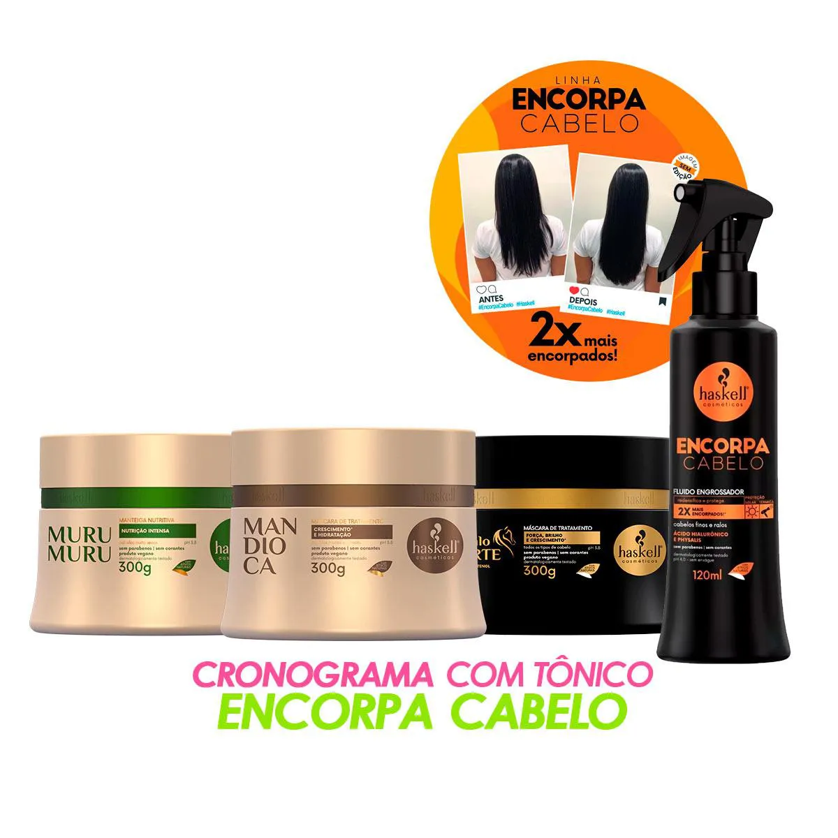KIT HASKELL CRONOGRAMA CABELOS SECOS 300G (CAV/MAND/MURU) + TôNICO ENCORPA