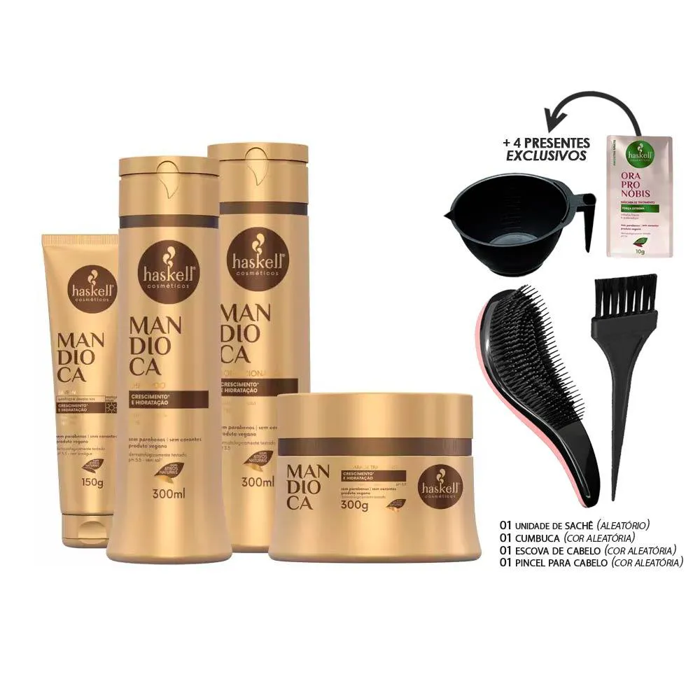 KIT HASKELL MANDIOCA 300ML SHP COND MáSC LEAVE +KIT PRESENTE