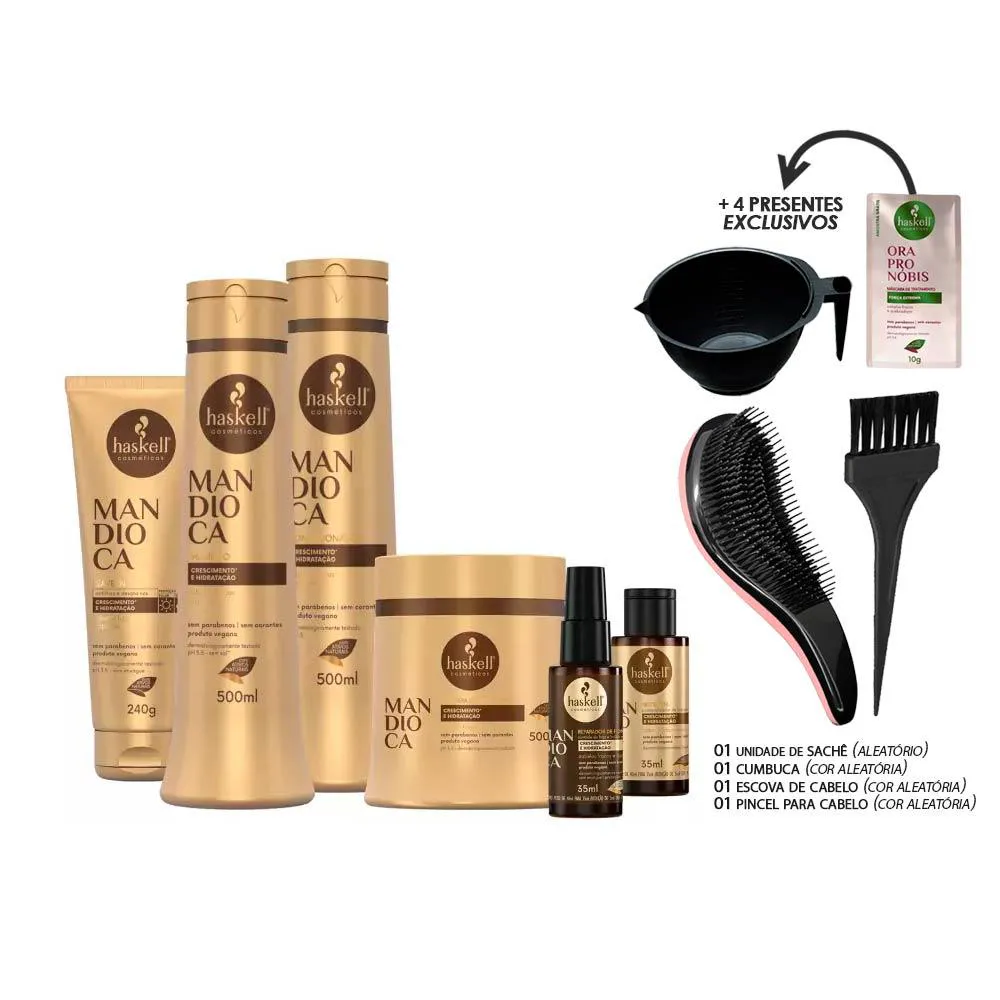 KIT HASKELL MANDIOCA 6 PRODUTOS 500ML (+ESCOVA/CUMBUCA/SACHê)