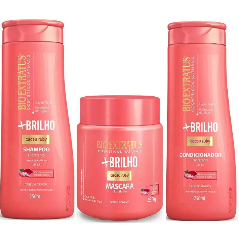 KIT 1 SHAMPOO 1 CONDICIONADOR 1 MASCARA HIDRATANTE MAIS BRILHO 250 ML BIO EXTRATUS
