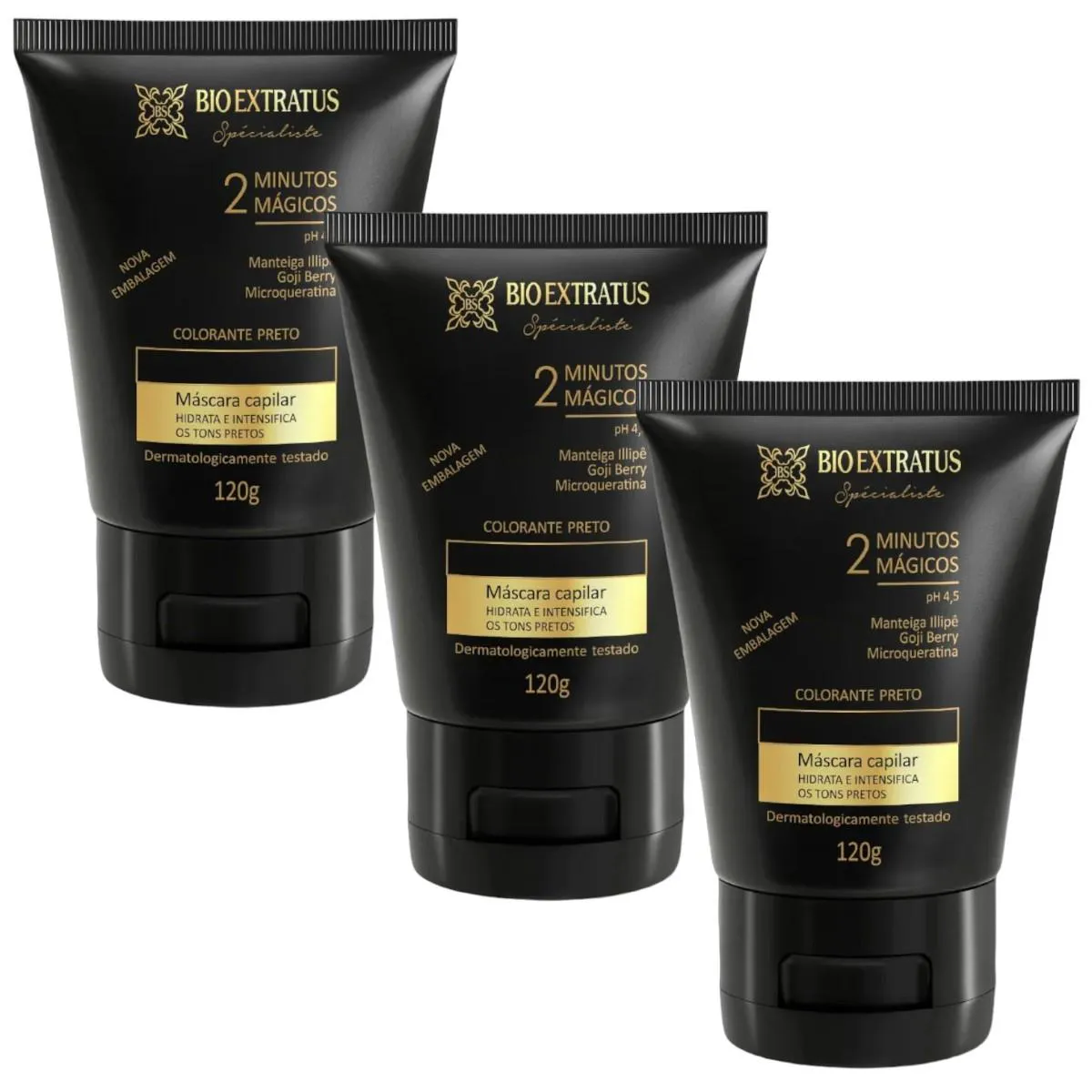 KIT 3 MASCARAS COLORANTE PRETA REAVIVA A COR E TRATA 120 GR
