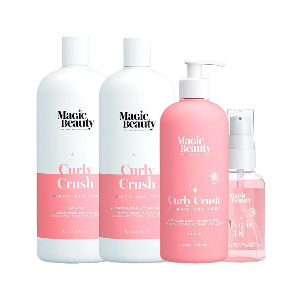 KIT MAGIC BEAUTY CURLY CRUSH - SHAMPOO 1000ML E CONDICIONADOR 1000ML E CREME PARA PENTEAR E ATIVADOR 500ML E SéRUM MAGIC OIL 60ML