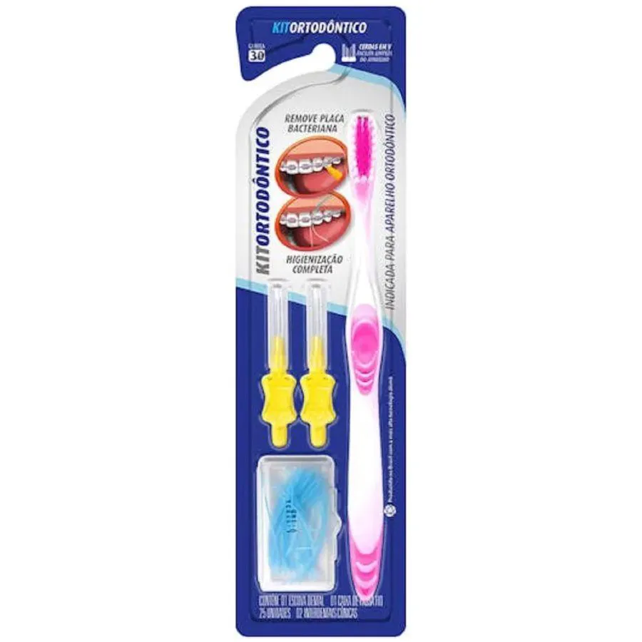 KIT ORTODôNTICO ROSA ( 1 ESCOVA DENTAL + 25 UNIDADES DE PASSA FIO + 2 INTERDENTAIS CôNICAS )