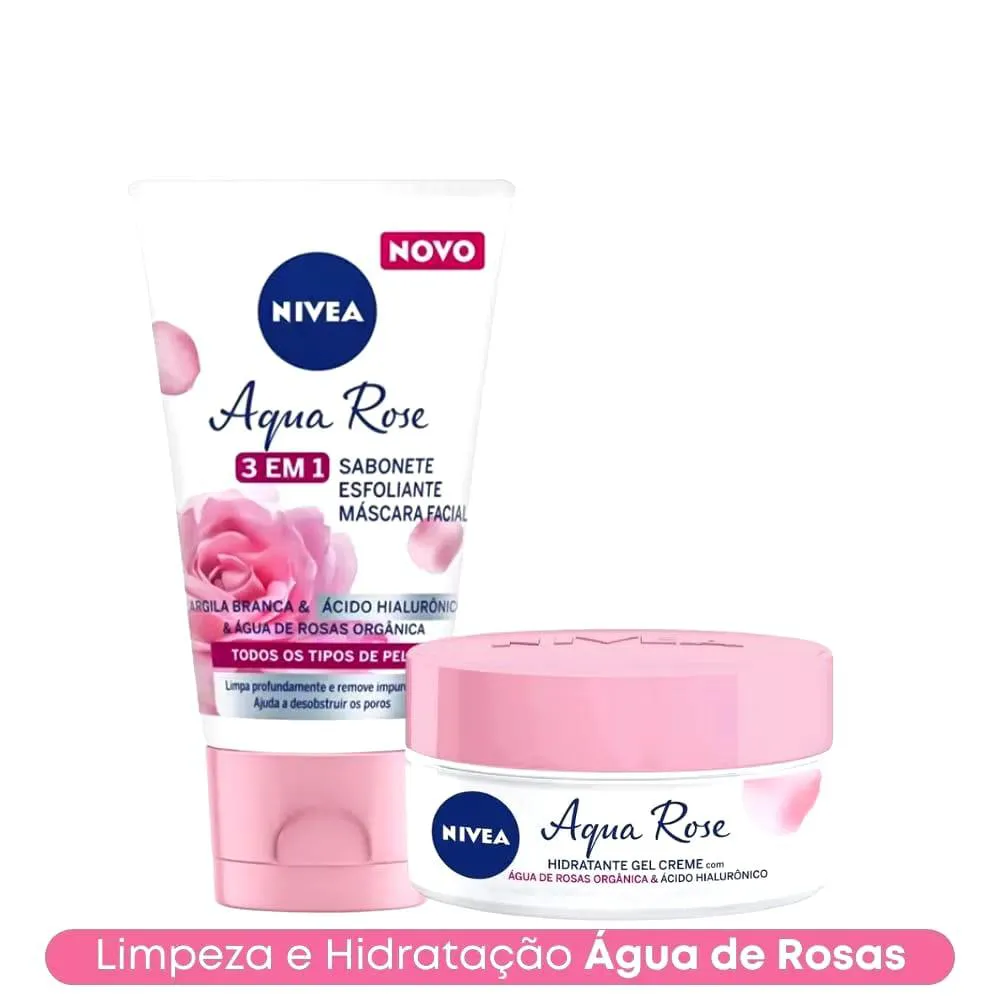KIT FACIAL NIVEA AQUA ROSE HIDRATANTE GEL CREME 50G +3 EM 1 SABONETE, ESFOLIANTE E MáSCARA 150ML