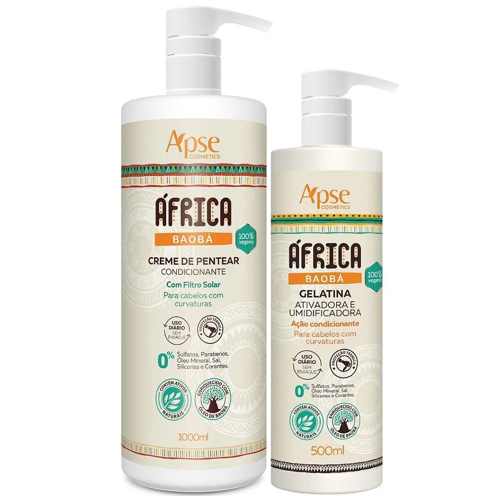 KIT GELATINA 500ML E CREME DE PENTEAR 1L AFRICA BAOBá APSE COSMéTICS