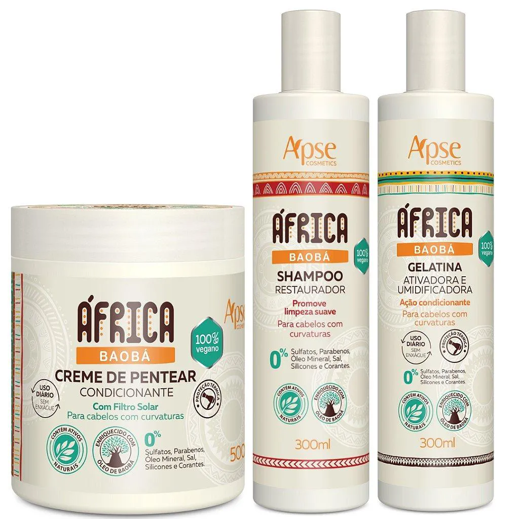 APSE ÁFRICA BAOBá SHAMPOO E CREME DE PENTEAR E GELATINA