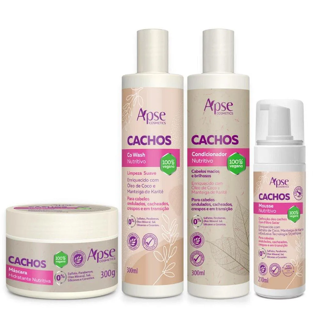 KIT CACHOS CO WASH, CONDICIONADOR, MáSCARA HIDRATANTE E MOUSSE REVITALIZANTE APSE COSMéTICS - 4 ITENS