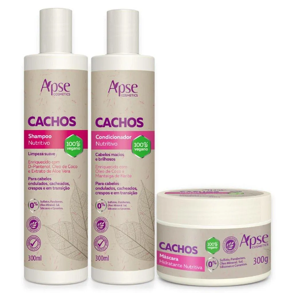 KIT CACHOS SHAMPOO, CONDICIONADOR E MáSCARA APSE VEGANO