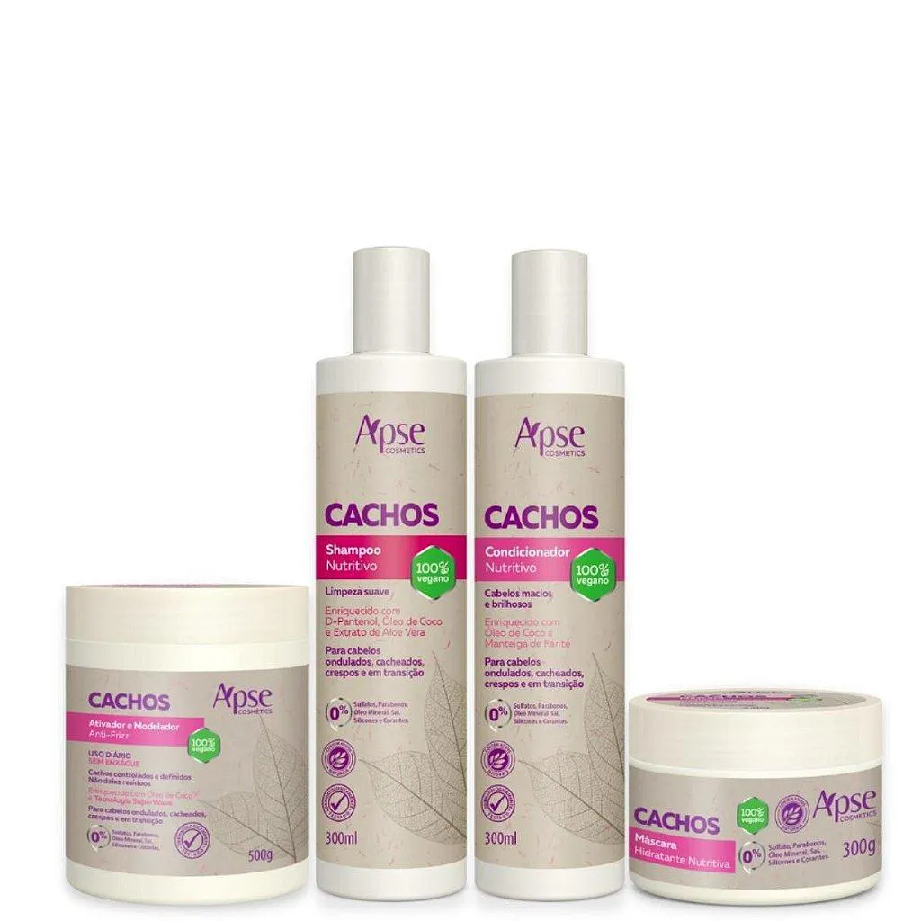KIT CACHOS SHAMPOO, CONDICIONADOR, MáSCARA E ATIVADOR MODELADOR APSE COSMéTICS - 4 ITENS