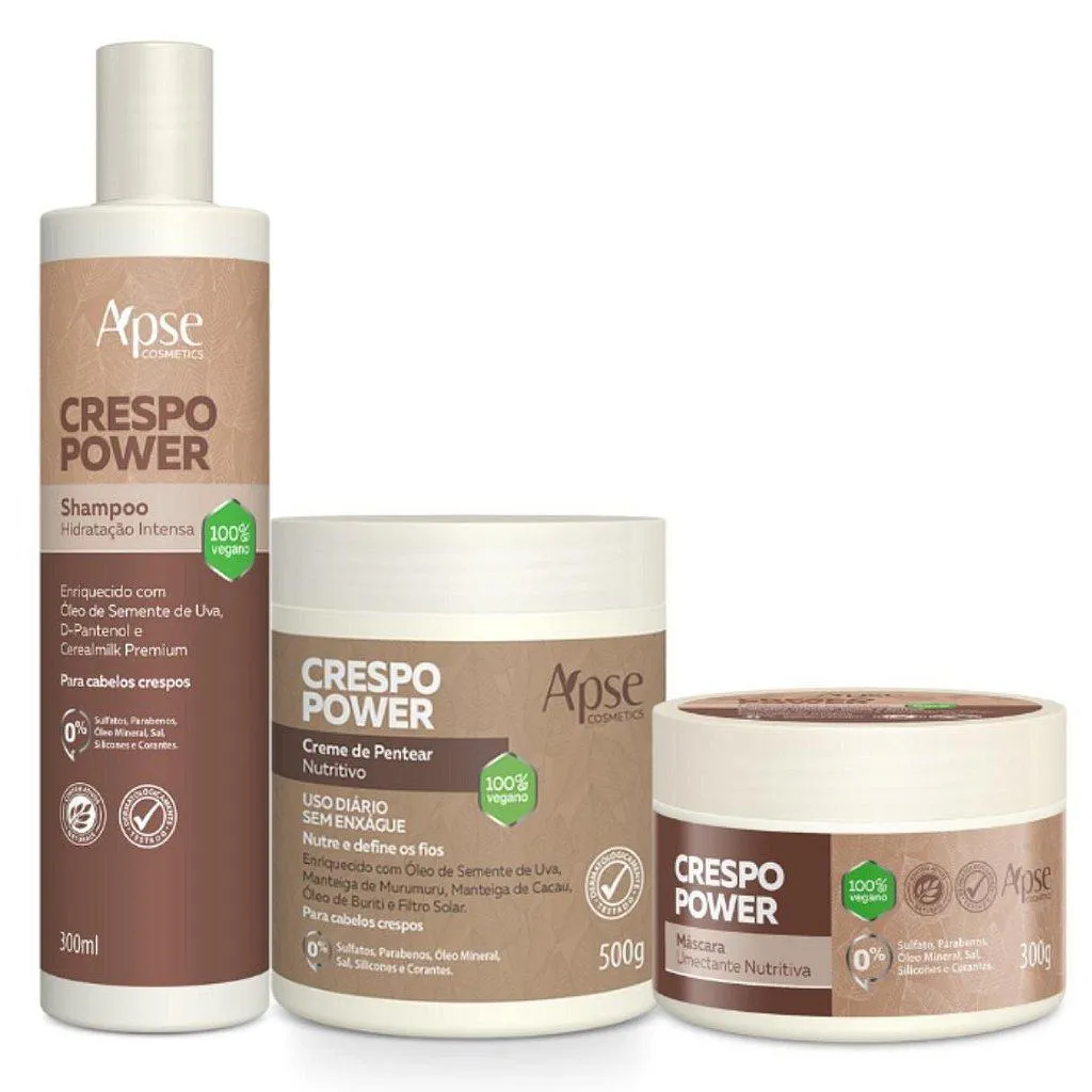 KIT CRESPO POWER SHAMPOO, MáSCARA E CREME DE PENTEAR APSE COSMéTICS - 3 ITENS