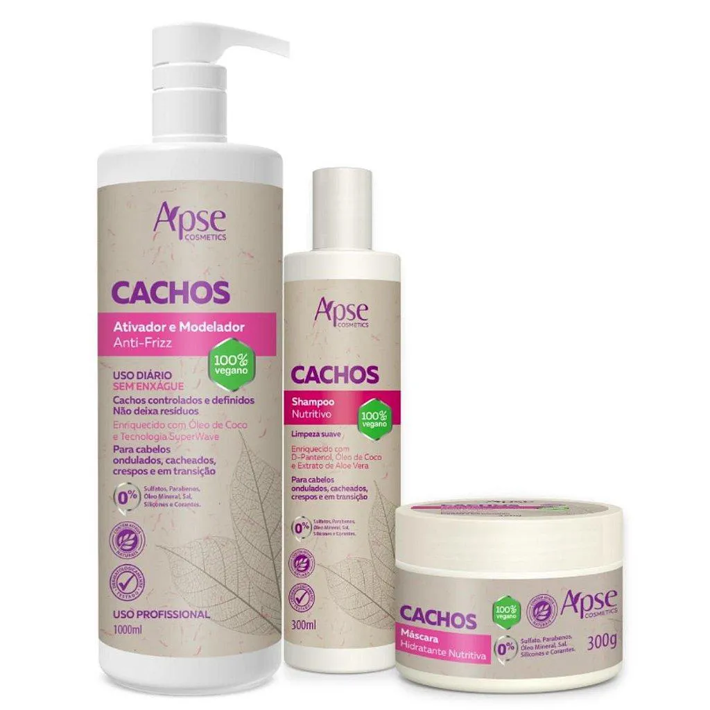 KIT CACHOS SHAMPOO, MáSCARA E ATIVADOR MODELADOR APSE COSMéTICS - 3 ITENS