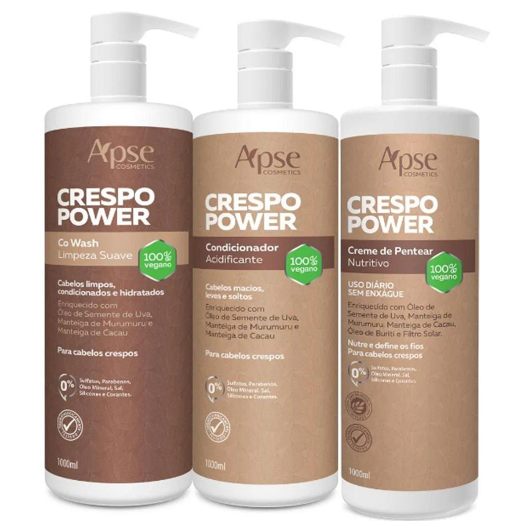 KIT CRESPO COM CO WASH, CONDICIONADOR E CREME DE PENTEAR APSE COSMéTICS - 3 ITENS