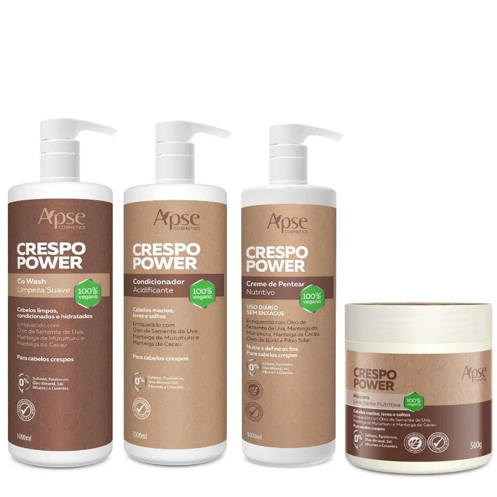 KIT CRESPO POWER COM CO WASH, CONDICIONADOR, MáSCARA E CREME DE PENTEAR APSE COSMéTICS - 4 ITENS
