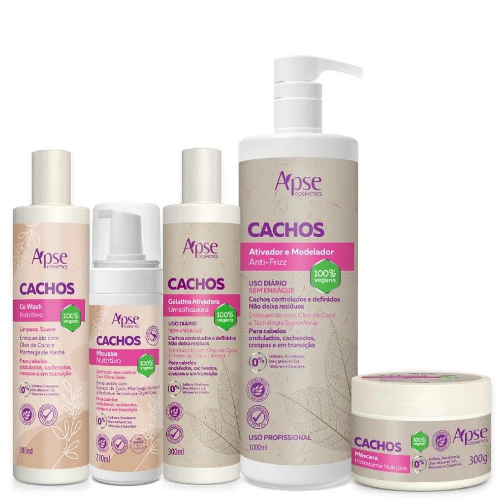 KIT CACHOS COM CO WASH, GELATINA ATIVADORA, ATIVADOR MODELADOR, MáSCARA + MOUSSE APSE COSMéTICS - 5 ITENS