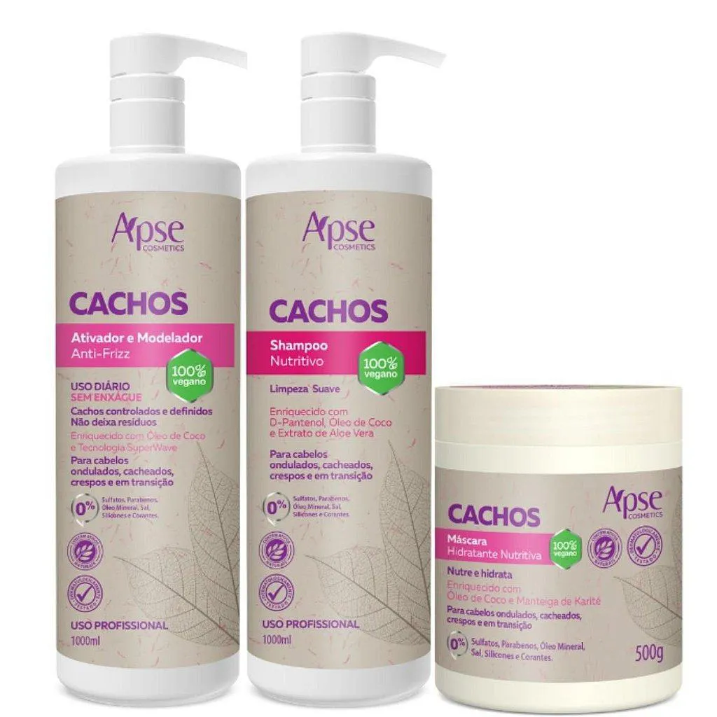 KIT SHAMPOO, MáSCARA E ATIVADOR DE CACHOS APSE COSMéTICS - 3 ITENS