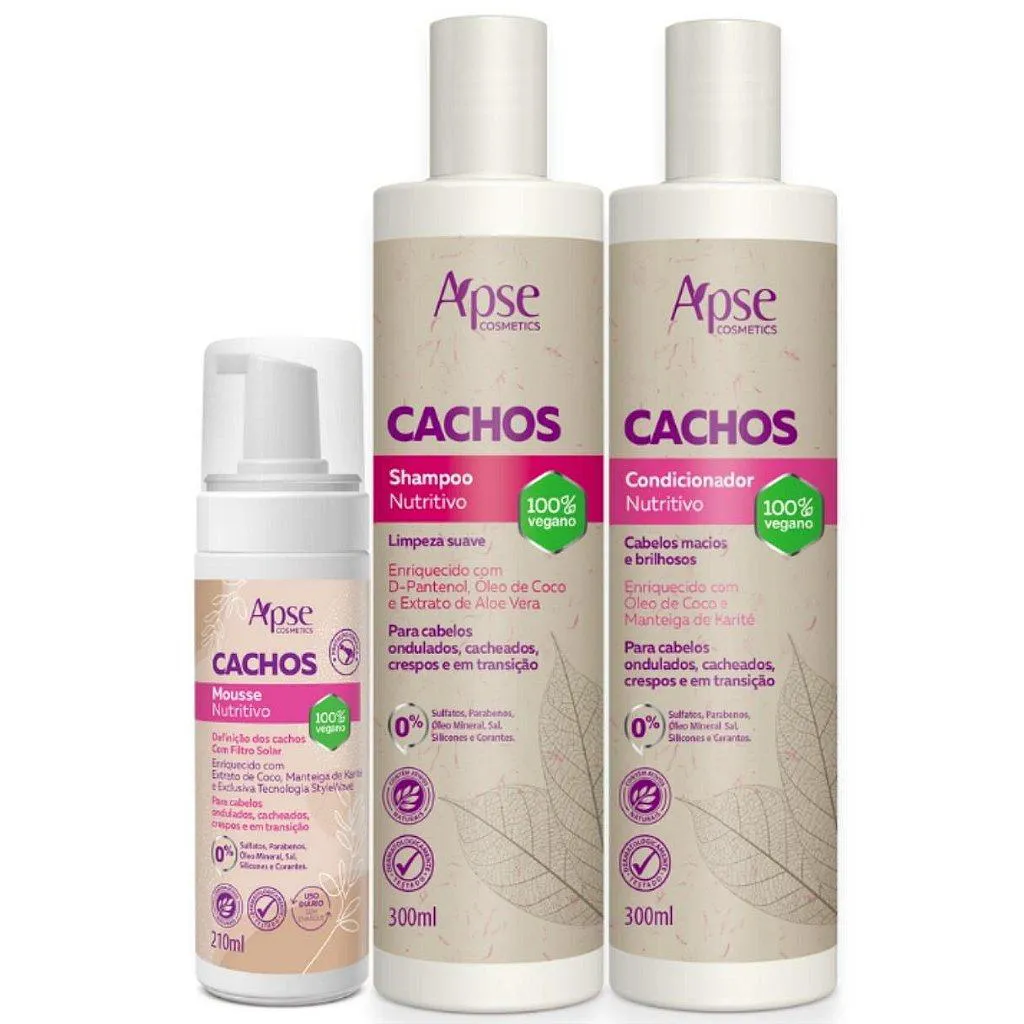 KIT CACHOS SHAMPOO, CONDICIONADOR E MOUSSE APSE COSMéTICS - 3 ITENS