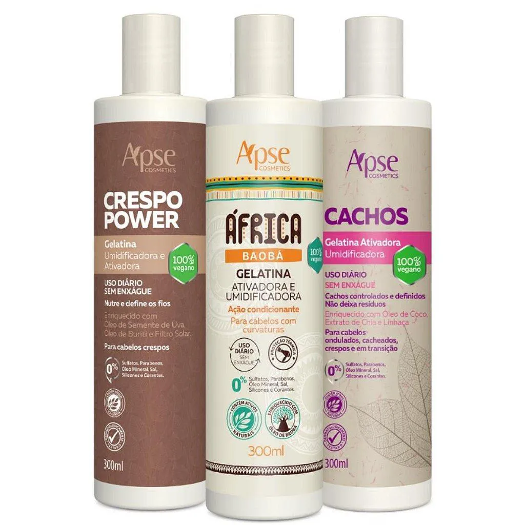 KIT GELATINAS BAOBá AFRICA, CRESPO POWER E CACHOS APSE COSMéTICS