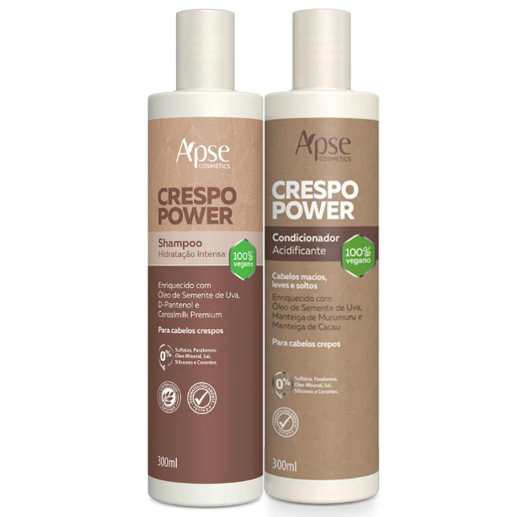 KIT SHAMPOO E CONDICIONADOR CRESPO POWER VEGANO APSE COSMéTICS 300ML