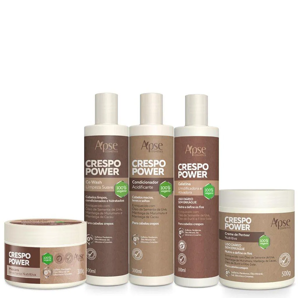 KIT TRATAMENTO COMPLETO VEGANO CRESPO POWER APSE COSMéTICS - 5 ITENS