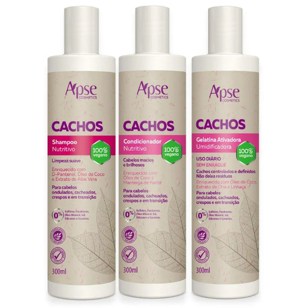 KIT CACHOS SHAMPOO E CONDICIONADOR E GELATINA APSE COSMéTICS - 3 ITENS