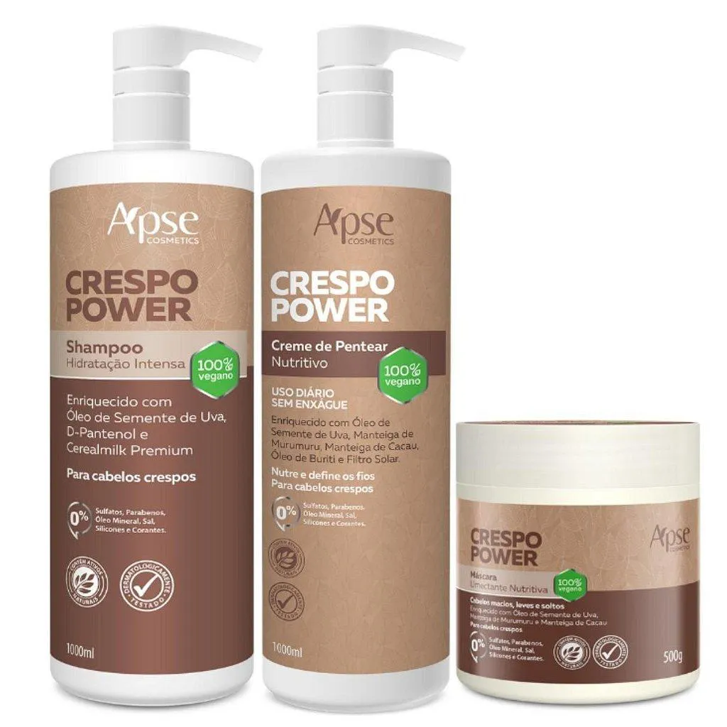 KIT CRESPO POWER COM SHAMPOO, MáSCARA E CREME DE PENTEAR APSE COSMéTICS - 3 ITENS