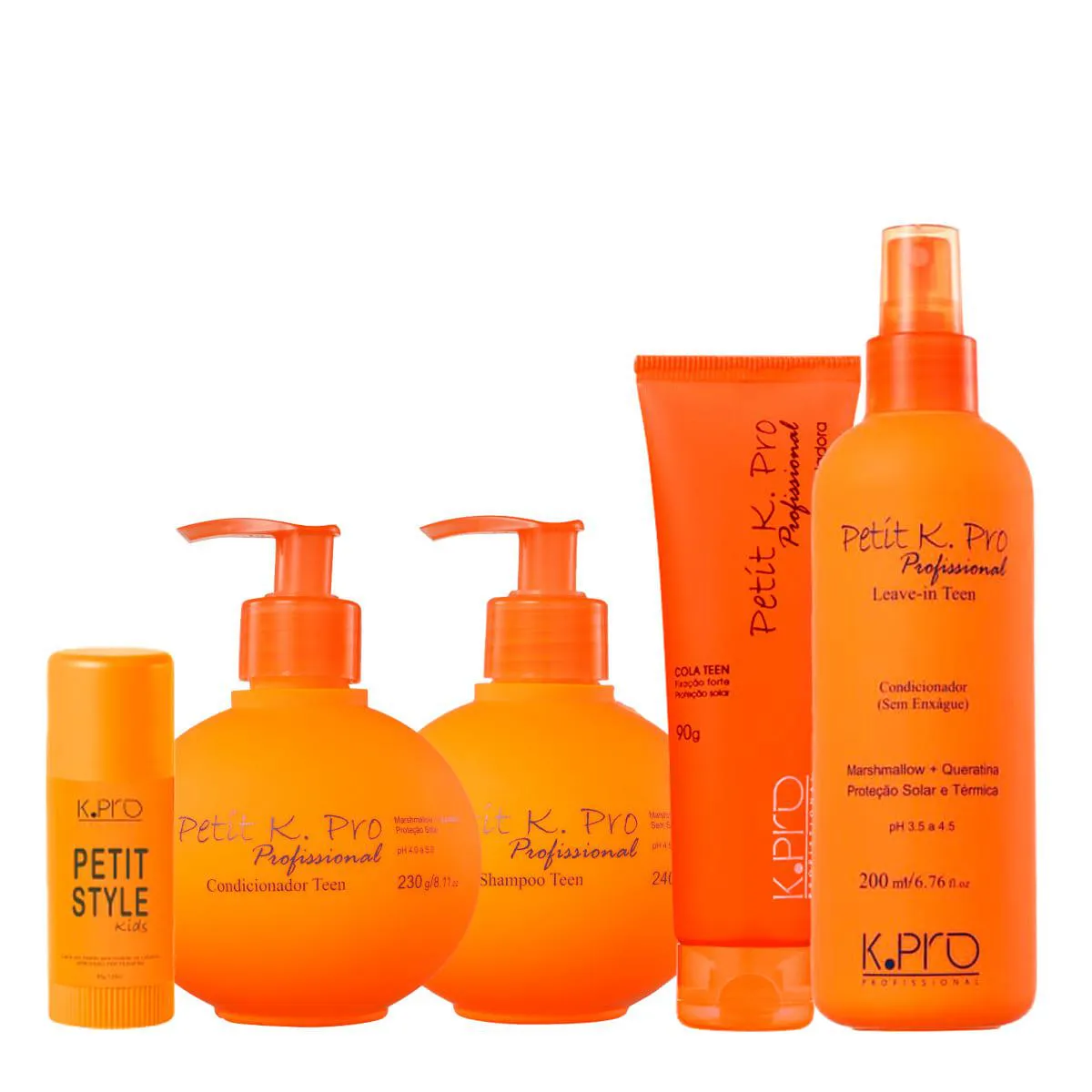 KIT K.PRO PROFISSIONAL PETIT TEEN SHAMPOO CONDICIONADOR LEAVE-IN POMADA E CERA BASTãO MODELADORA (5 PRODUTOS)