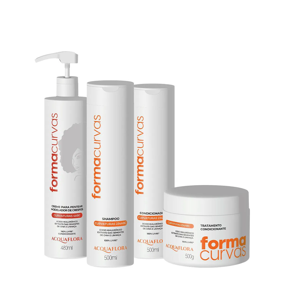 KIT ACQUAFLORA FORMA CURVAS SHAMPOO CONDICIONADOR TRATAMENTO CONDICIONANTE E CREME DE PENTEAR CRESPOS (4 PRODUTOS)