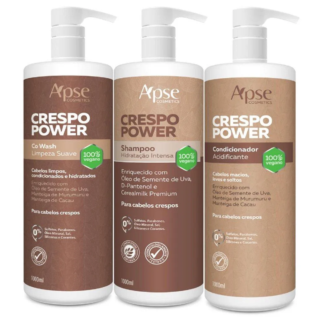 KIT CRESPO POWER COM SHAMPOO NUTRITIVO 1L CONDICIONADOR ACIDIFICANTE 1L E CO WASH 1L - 3 ITENS