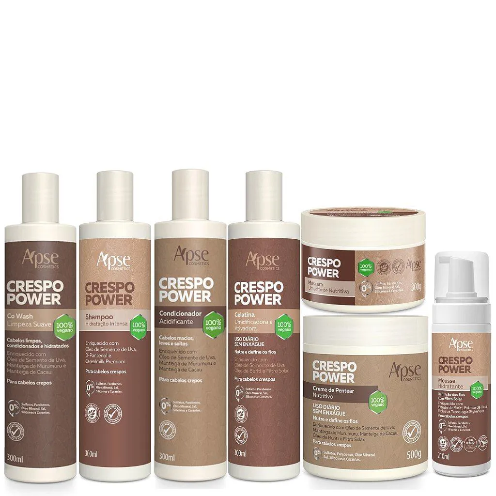 KIT CRESPO POWER SHAMPOO, CONDICIONADOR, CO WASH, GELATINA, MáSCARA, MOUSSE E CREME DE PENTEAR - 7 ITENS