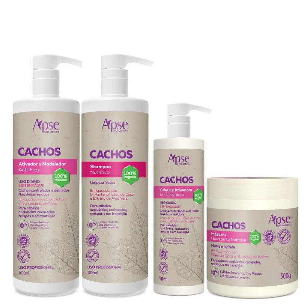 KIT CACHOS COM SHAMPOO, GELATINA, MáSCARA E ATIVADOR - 4 ITENS