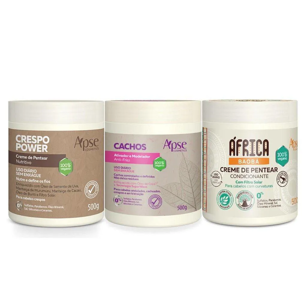 KIT  ATIVADOR DE CACHOS 500G, CREME DE PENTEAR ÁFRICA BAOBA E CRESPO POWER 500G CADA - 3 ITENS