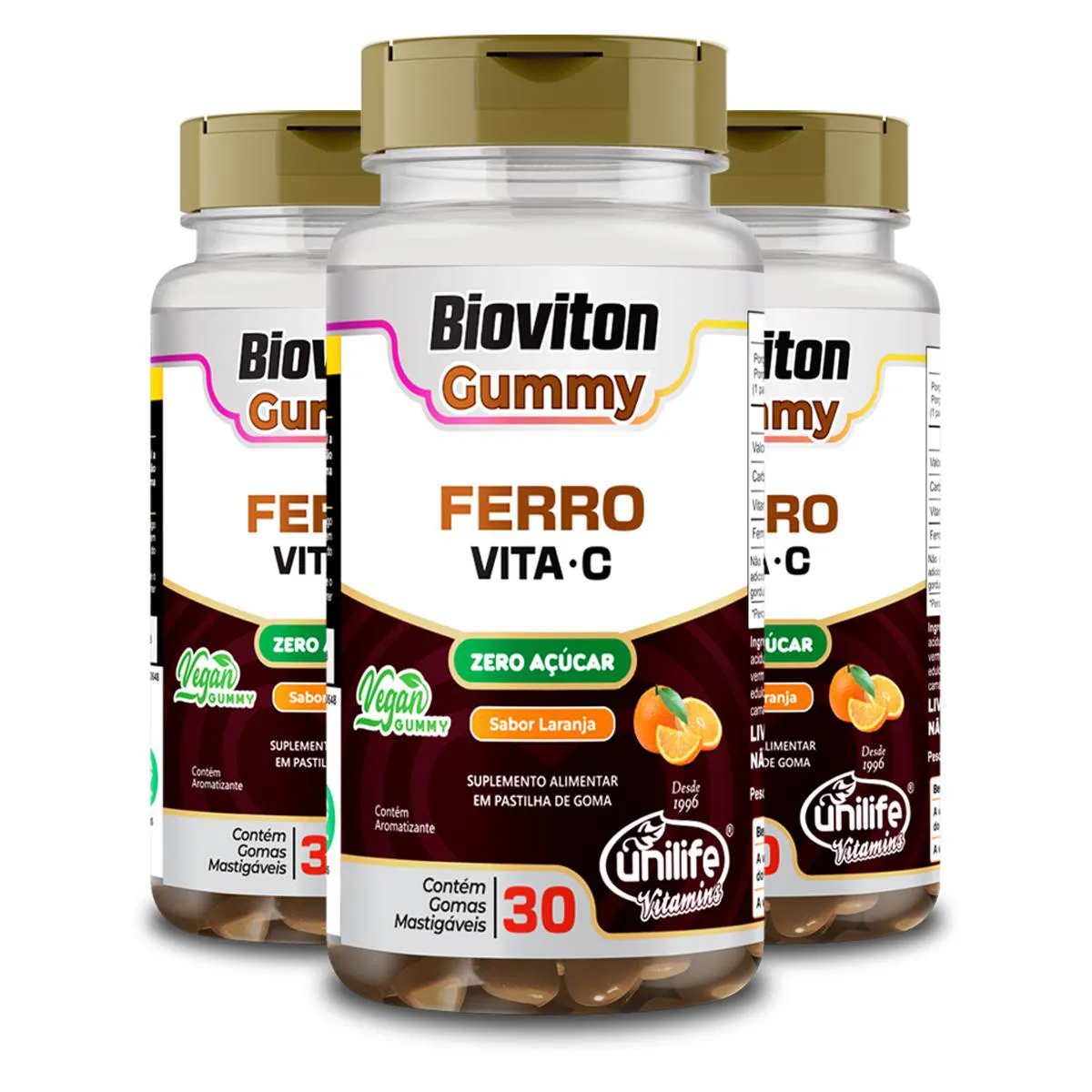 KIT 3 GUMMY FERRO + VITAMINA C SABOR LARANJA UNILIFE 30 GOMAS