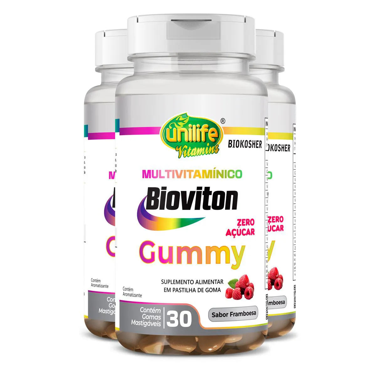 KIT 3 GUMMY MULTIVITAMíNICO SABOR FRAMBOESA UNILIFE 30 GOMAS