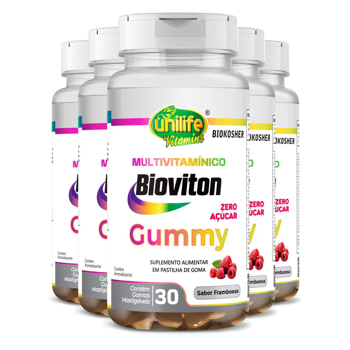 KIT 5 GUMMY MULTIVITAMíNICO SABOR FRAMBOESA UNILIFE 30 GOMAS
