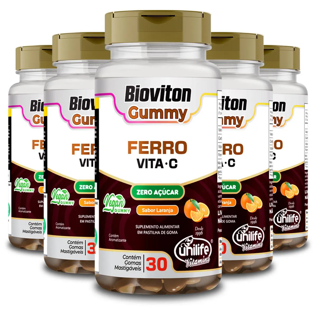 KIT 5 GUMMY FERRO + VITAMINA C SABOR LARANJA UNILIFE 30 GOMAS