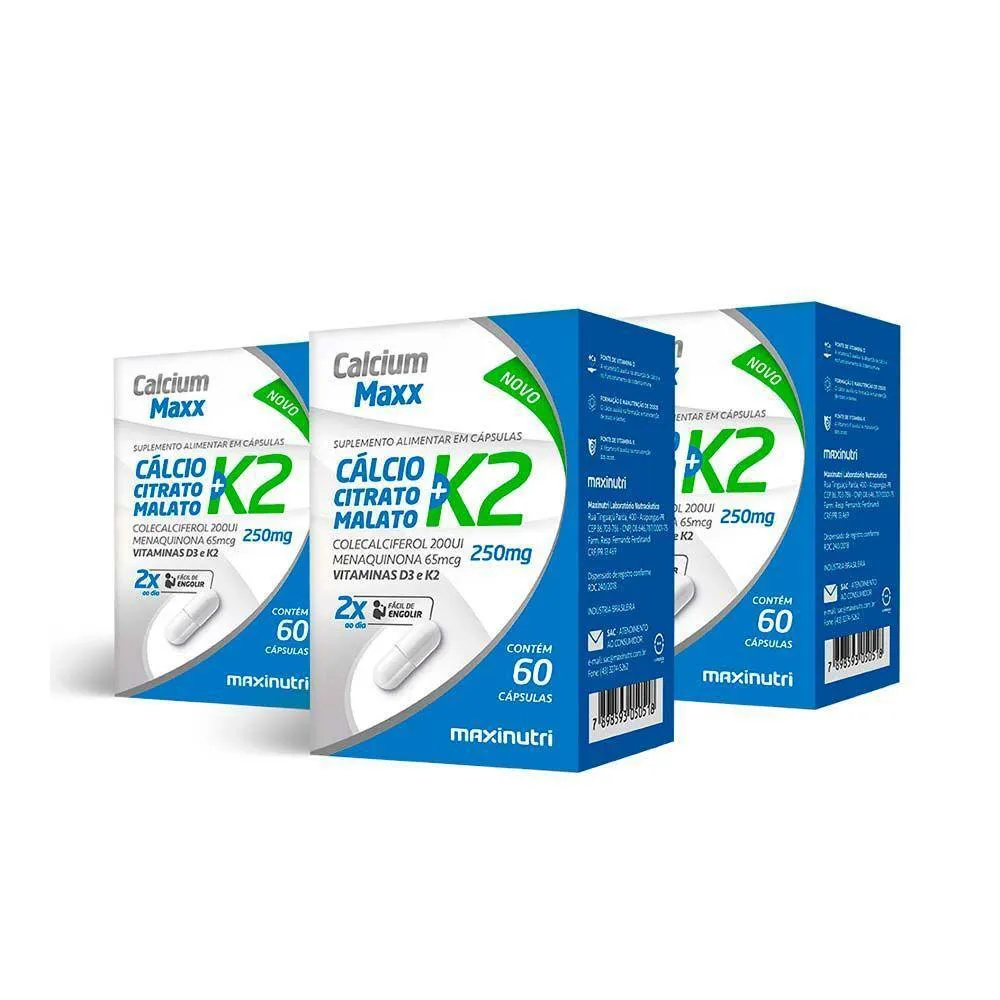 KIT 3 CALCIUM MAXX CáLCIO CITRATO MALATO K2 MAXINUTRI 60 CAP