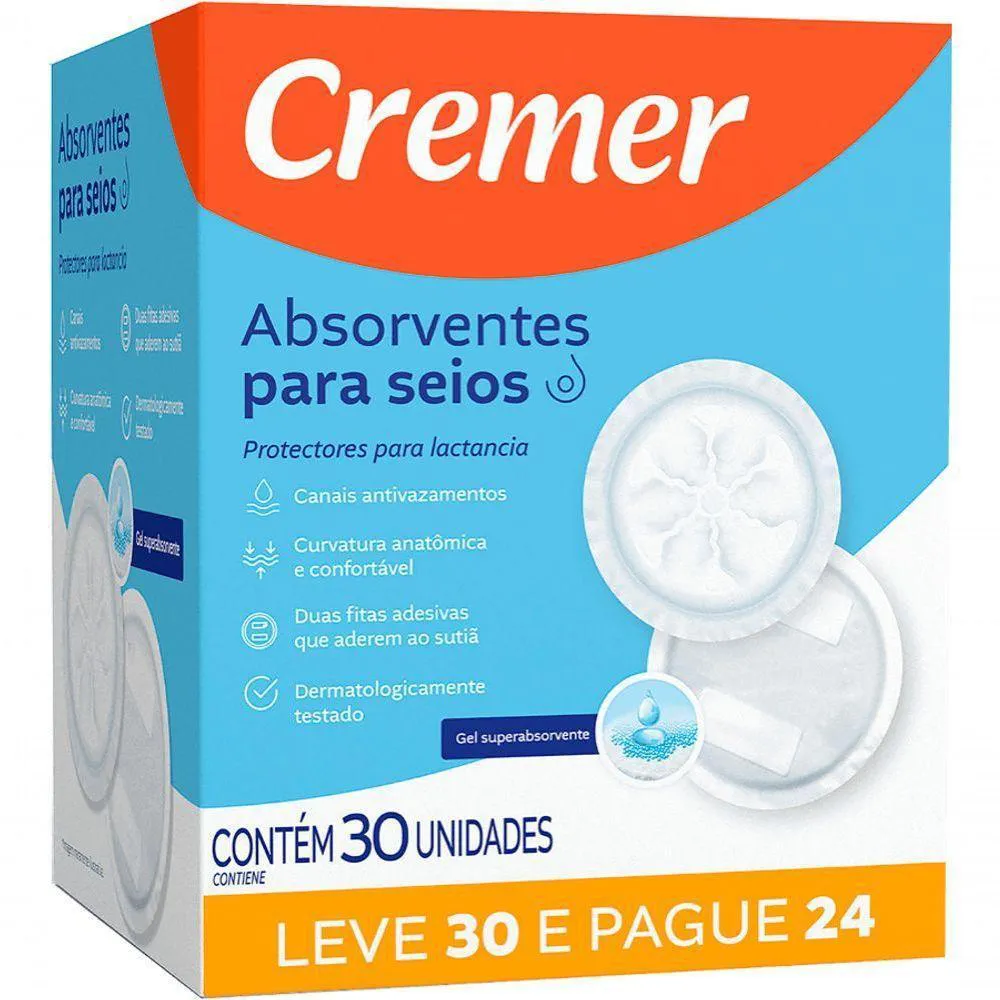 ABSORVENTES PARA SEIOS CREMER COM 30 UNIDADES