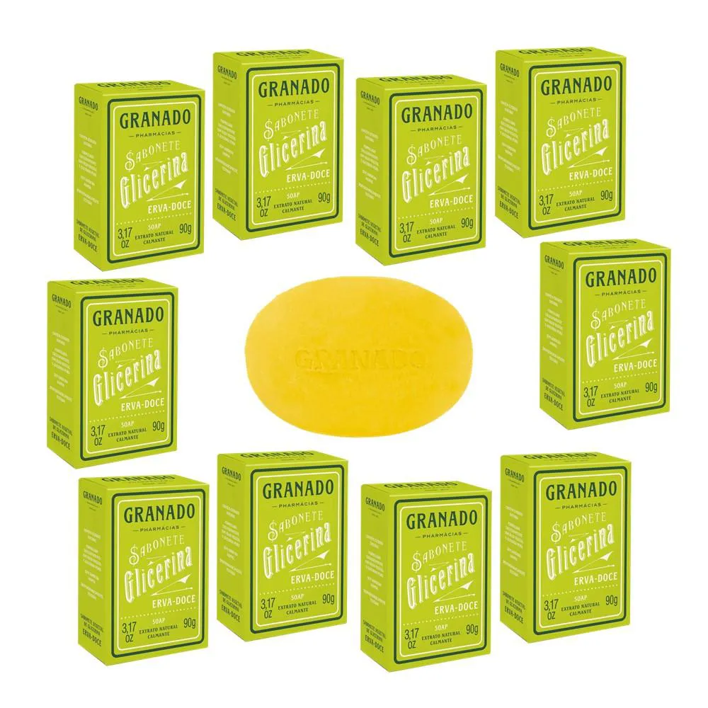 KIT C/10 SABONETES EM BARRA VEGETAL DE GLICERINA ERVA DOCE GRANADO 90G