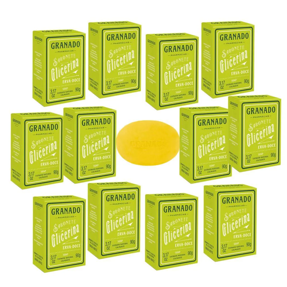 KIT C/12 SABONETES EM BARRA VEGETAL DE GLICERINA ERVA DOCE GRANADO 90G