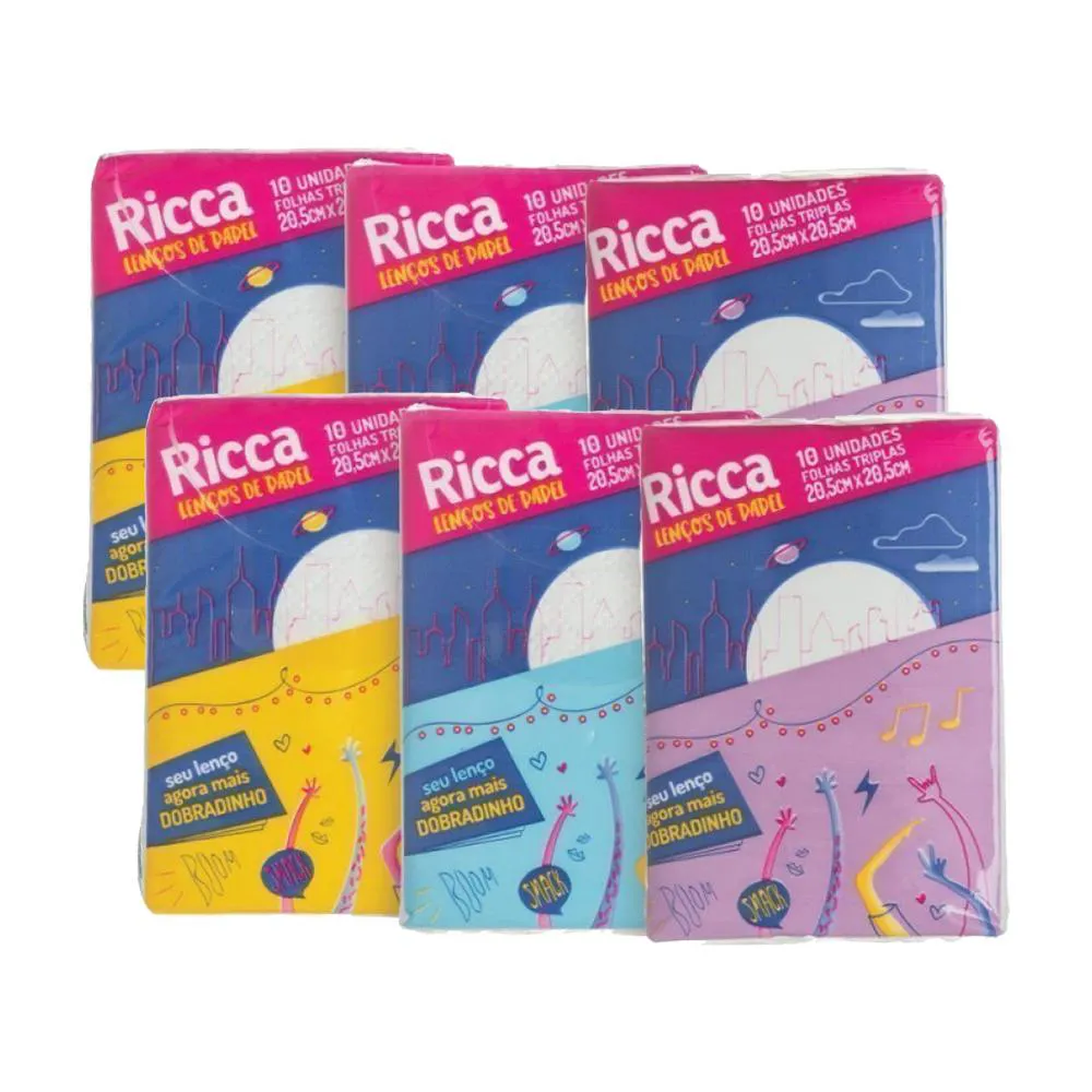 KIT 6 LENçOS DE PAPEL MINI RICCA 10 UNIDADES LIMPEZA GERAL