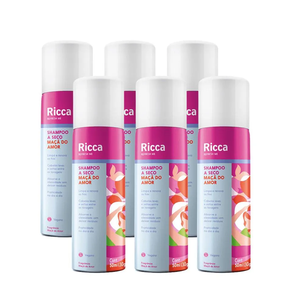 KIT 6 SHAMPOOS A SECO MAçã DO AMOR 50ML COMPACTO ANTIOLEOSIDADE RICCA