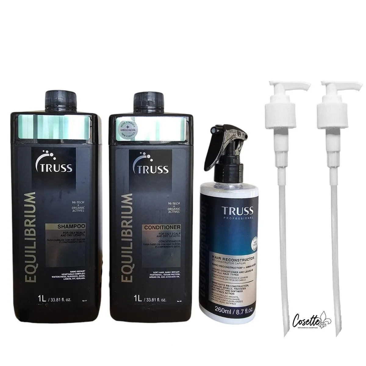 KIT TRUSS SHAMPOO EQUILIBRIUM 1000ML + CONDICIONADOR EQUILIBRIUM 1000ML + USO OBRIGATóRIO 260ML + VáLVULAS PUMP