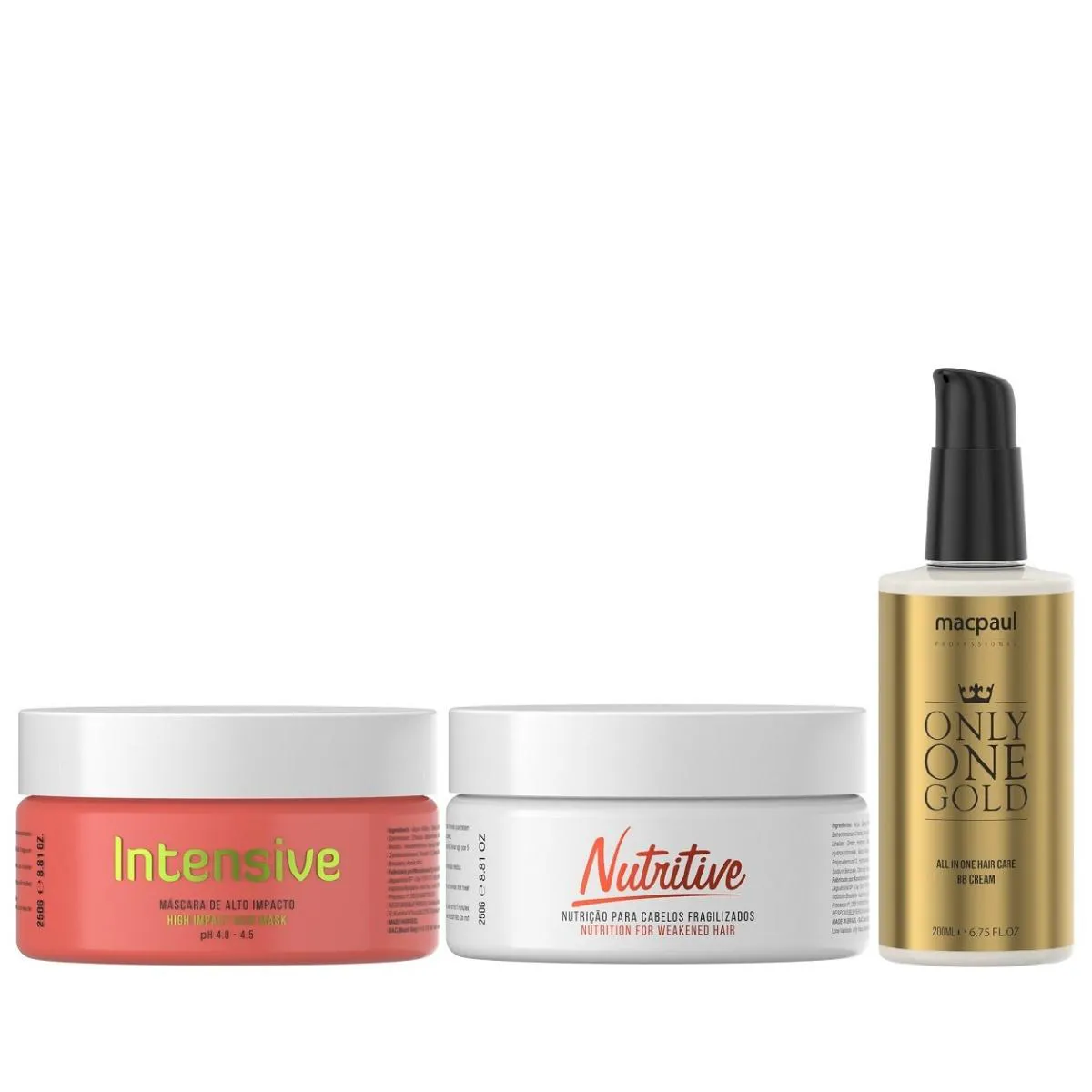 KIT MACPAUL - MáSCARA INTENSIVE 250G + MáSCARA NUTRITIVE 250G + ONLY ONE GOLD 200ML