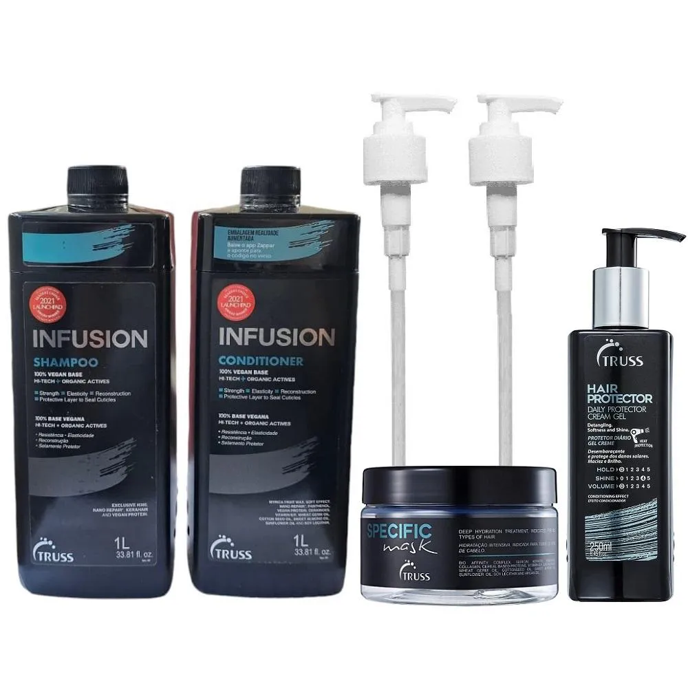 KIT TRUSS INFUSION SHAMPOO 1000ML + CONDICIONADOR 1000ML + HAIR PROTECTOR 250ML + SPECIFIC MASK 180G + VáLVULAS PUMP