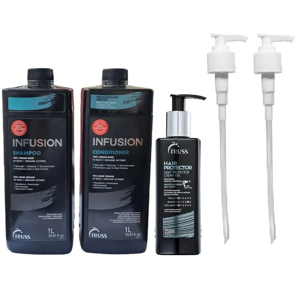 KIT TRUSS INFUSION SHAMPOO 1000ML + CONDICIONADOR 1000ML + HAIR PROTECTOR 250ML + VáLVULAS PUMP