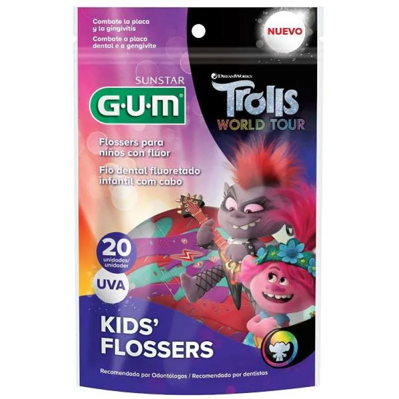 GUM FIO DENTAL INFANTIL COM HASTE FLOSSERS TROLLS 20 UNIDADES (SABOR UVA)